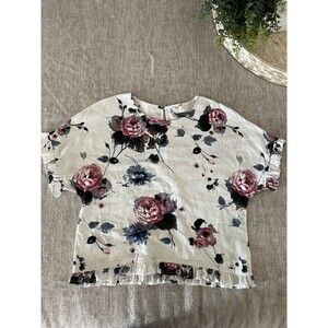 For Cynthia Shirt Women Small Petite Floral Linen Blend Short Sleeve Ruffle